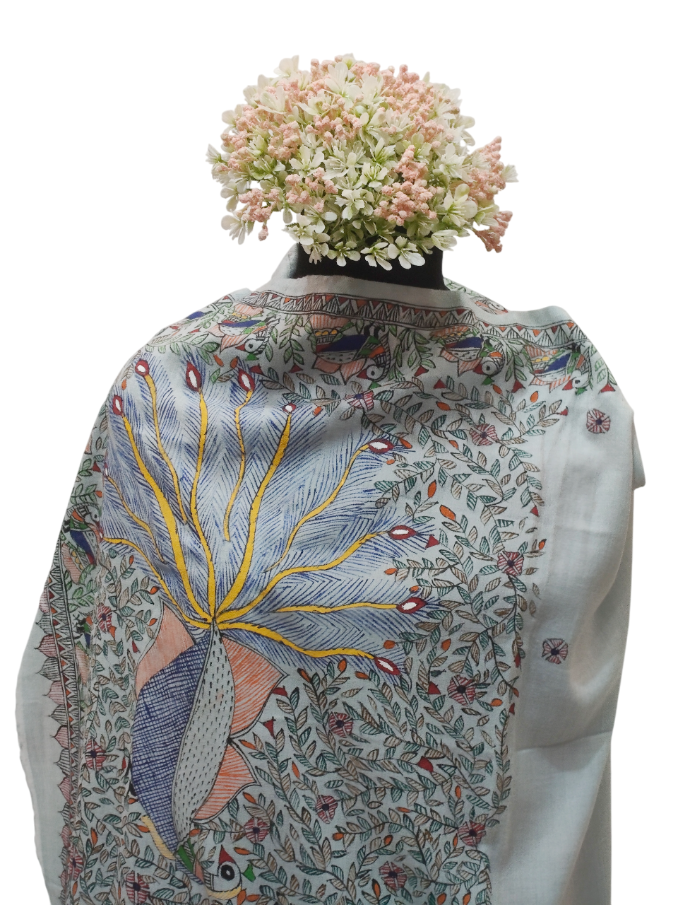 Elegant Handpainted Madhubani Pashmina Shawl on Pastel Blue